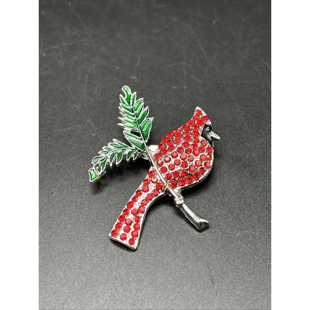 Modern Bird Cardinal Pin Brooch Silver Tone And Rhinestone 2”